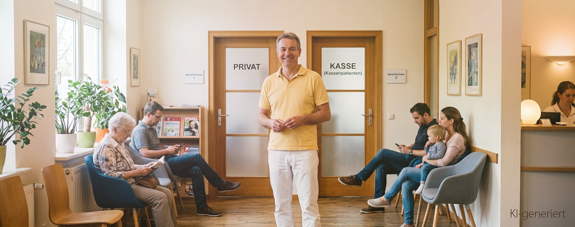 Wartezimmer in Arztpraxis mit zwei Türen "Privat" und "Kasse"