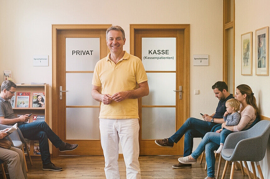 Kassenpraxis und Privatsprechstunde Wartezimmer in Arztpraxis mit zwei Türen "Privat" und "Kasse"