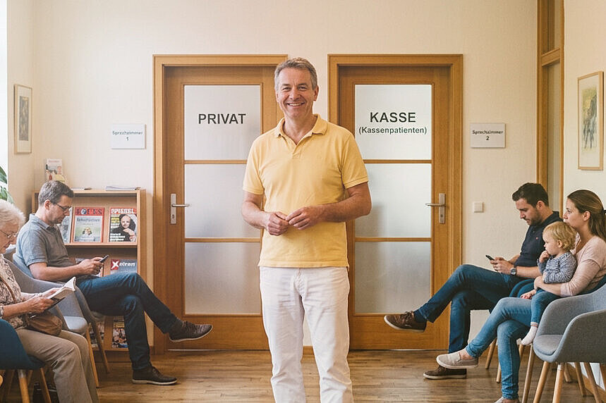 Wartezimmer in Arztpraxis mit zwei Türen "Privat" und "Kasse"