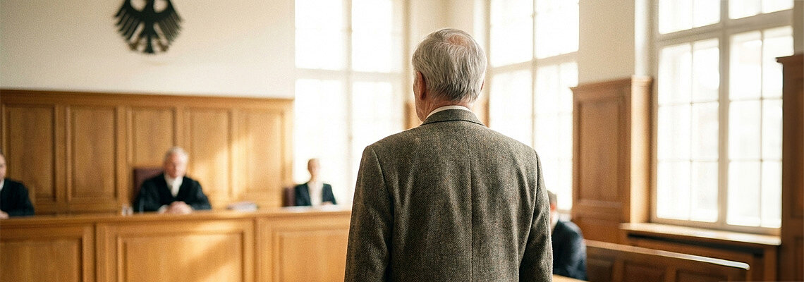 Älterer Mann steht vor einer Richterbank.